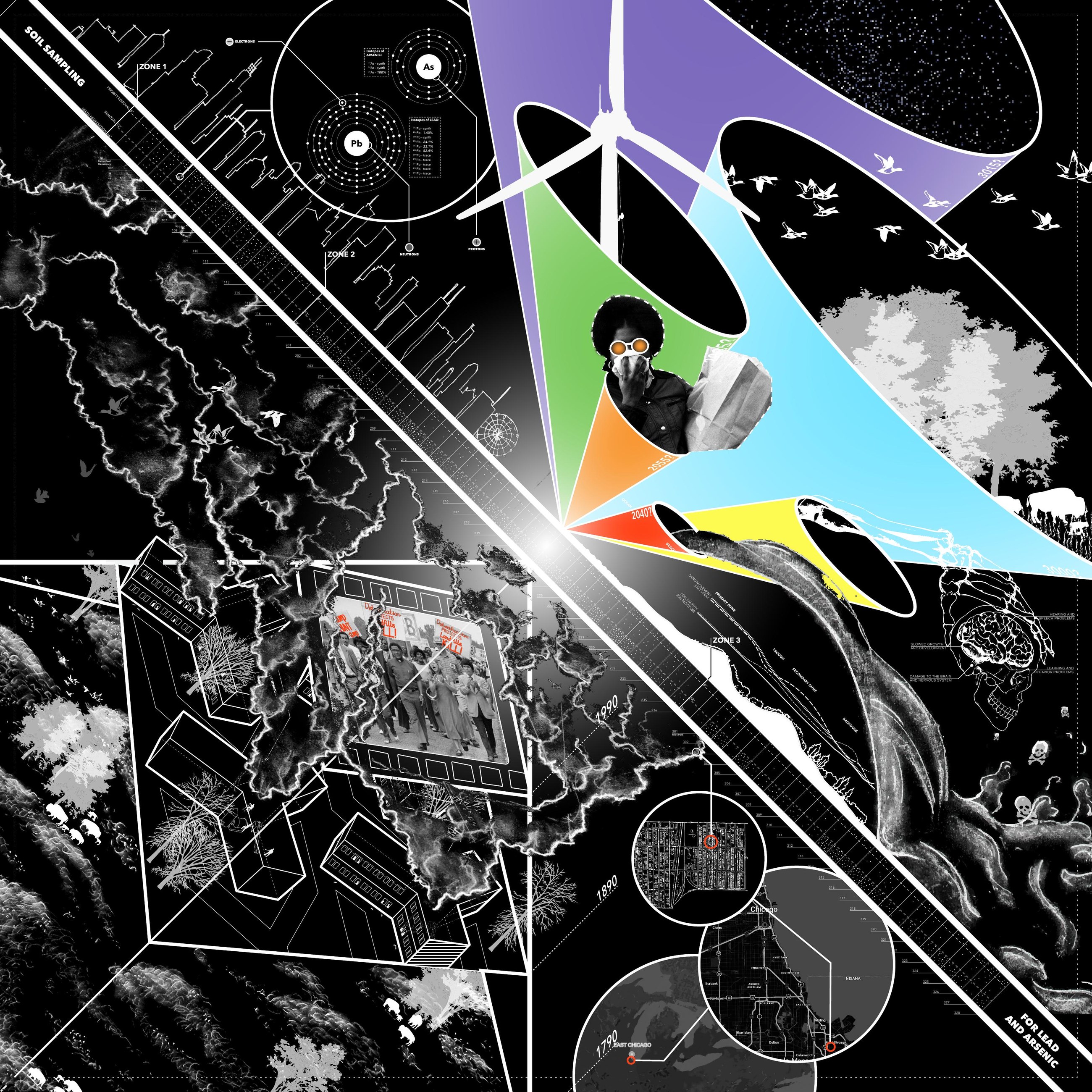 A square black atlas: a diagonal timeline band crosses from corner to corner; at the centre a point of light opens into purple, green, blue, orange, red and yellow cones toward the upper right, surrounded by collaged birds, trees, a wind turbine, a figure in a gas mask, marsh vegetation, axonometric buildings and atomic diagrams of lead and arsenic.