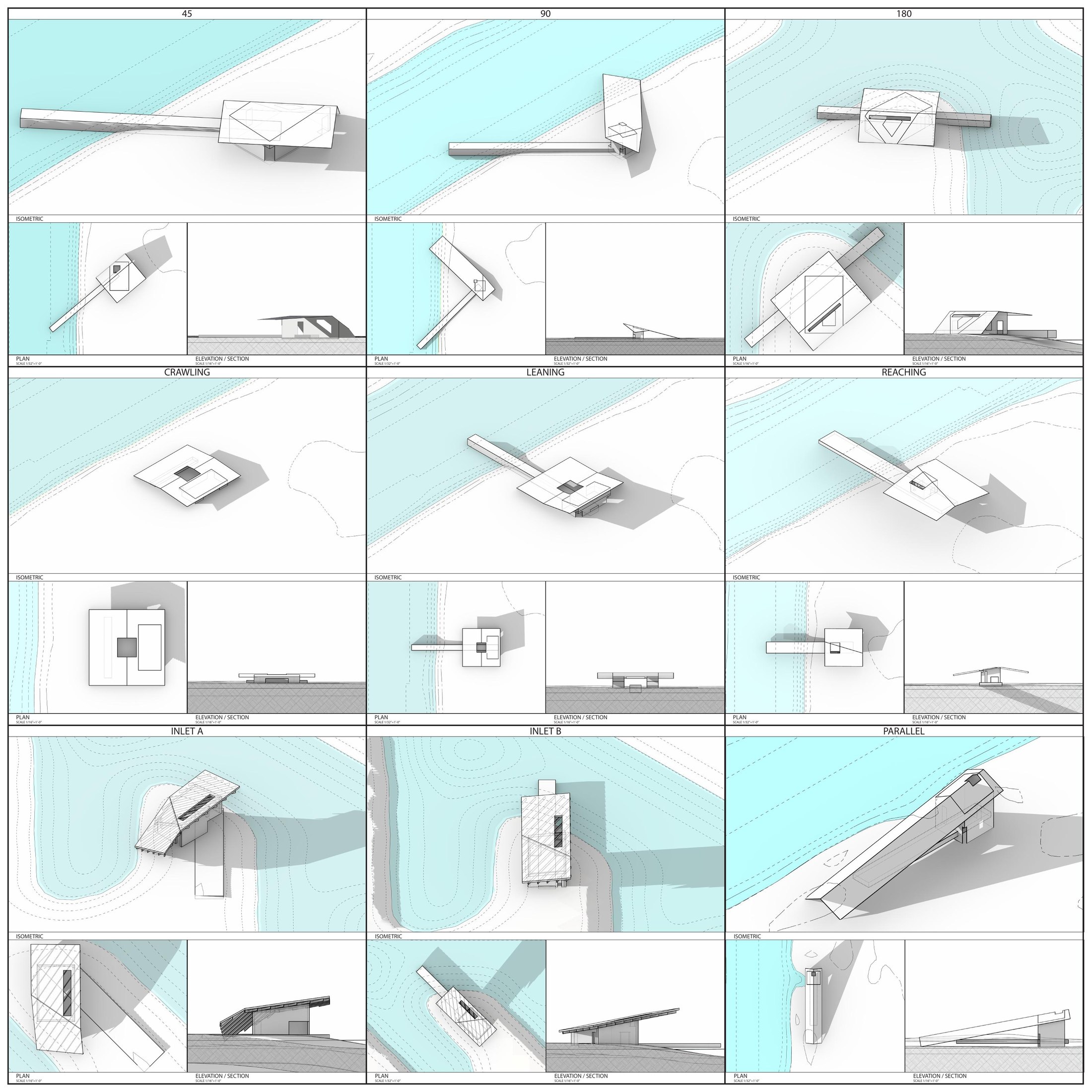 A square board of nine named studies in three rows, each an isometric above with a plan and an elevation or section below: 45, 90 and 180; Crawling, Leaning and Reaching; Inlet A, Inlet B and Parallel. In every study a white gable form meets a long bar on a pale site crossed by turquoise water, and the two change angle, length and position from study to study.