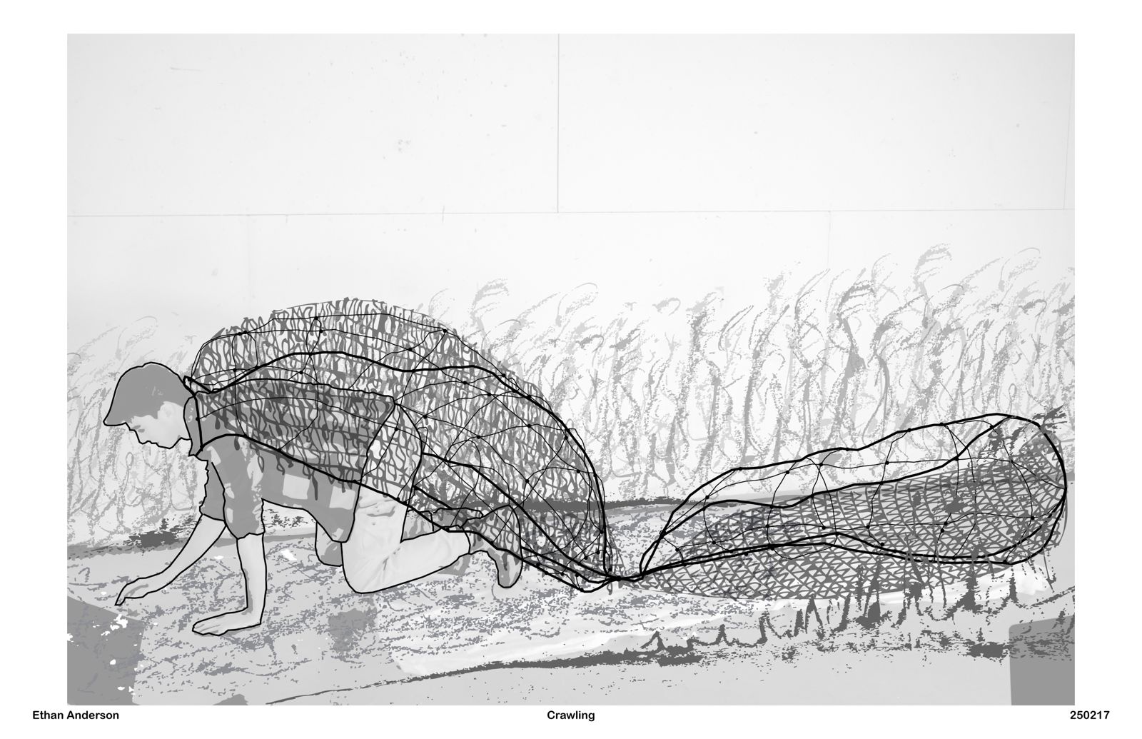 The wearer crawls on hands and knees through drawn marsh grass, the wire shell covering their back like a carapace and the net trailing behind.
