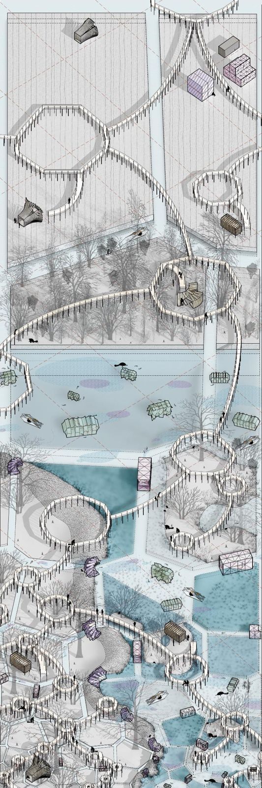 A tall axonometric landscape in pale blue and grey. Boardwalks of dark posts loop across it in circles and figure-eights, joining a field at the top, a band of bare winter trees, open water with small greenhouse-like structures, and a marsh at the bottom dotted with shipping-container-sized boxes in purple, brown and green.