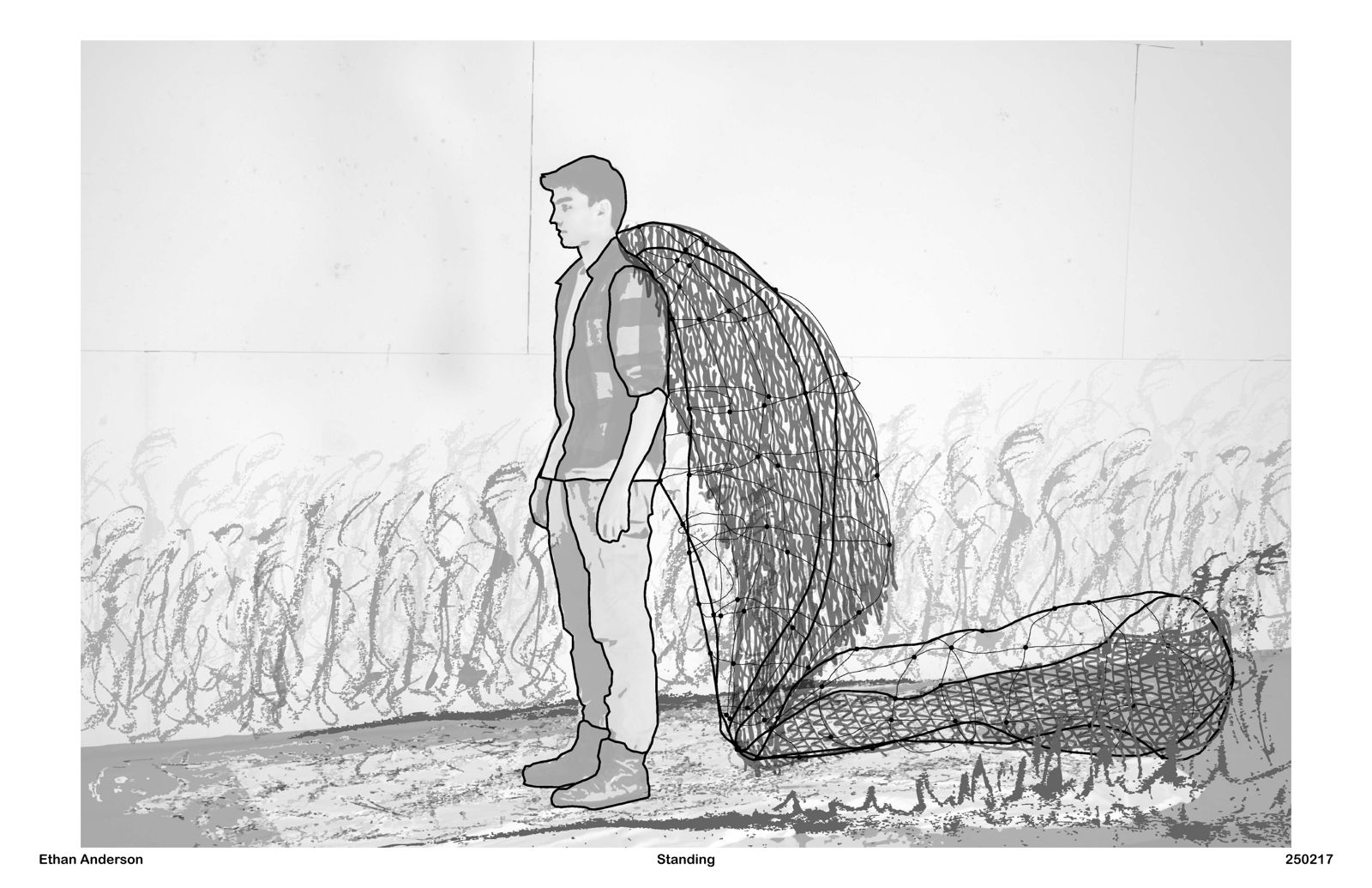 Black-and-white collage: Ethan stands in front of drawn marsh grass wearing a large woven wire shell on their back, which trails behind them into a long tapered net resting on the ground.
