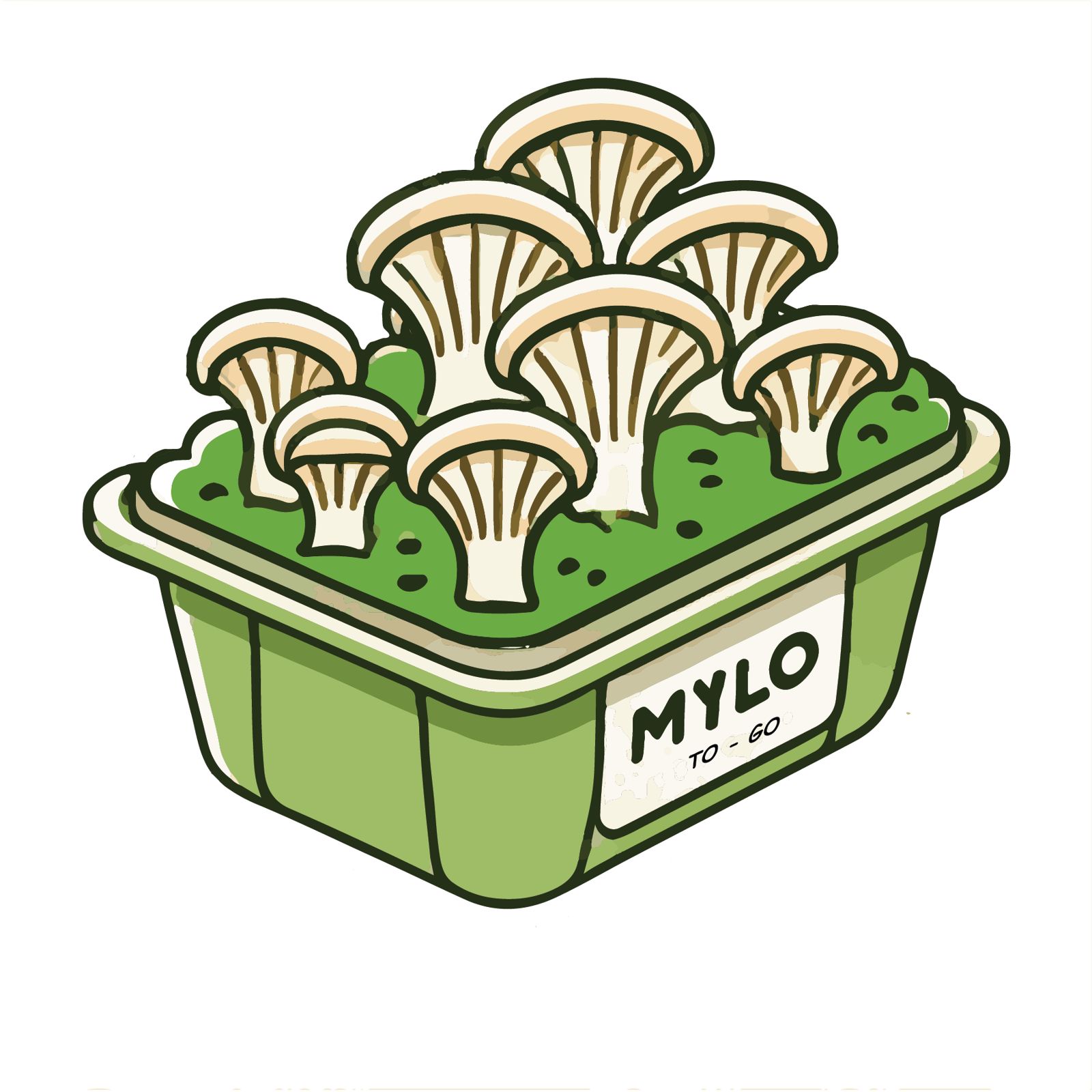 Illustrated logo: a green takeout container sprouting pale mushrooms, labeled "MYLO to go".
