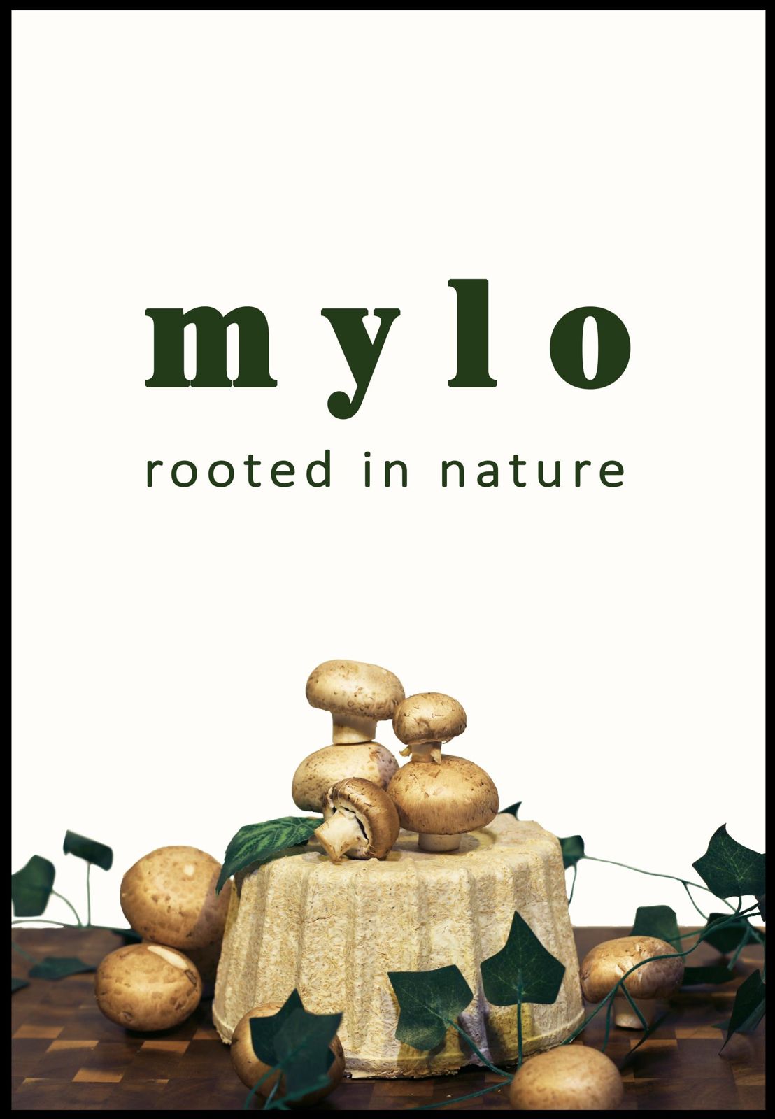Poster reading "mylo, rooted in nature" in dark green above a round, ribbed mycelium container on a wooden board, surrounded by mushrooms and ivy leaves.