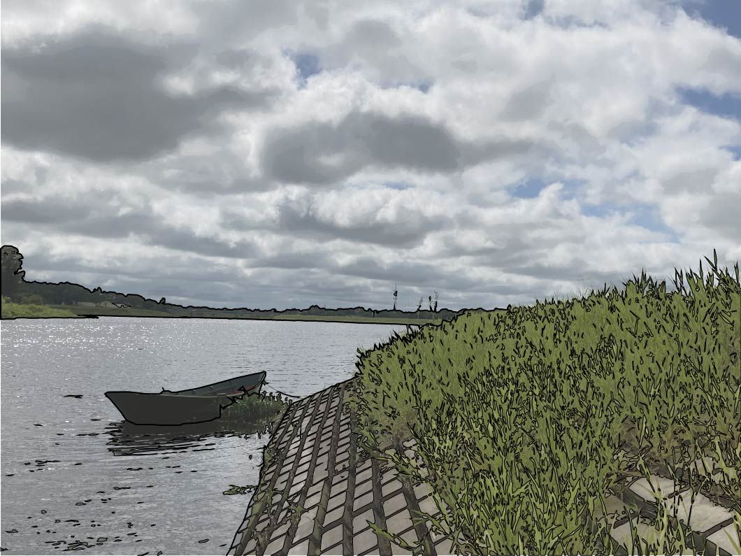 A photo traced with bold outlines: a small boat moored beside a grassy riverbank reinforced with a concrete grid, under a cloudy sky.